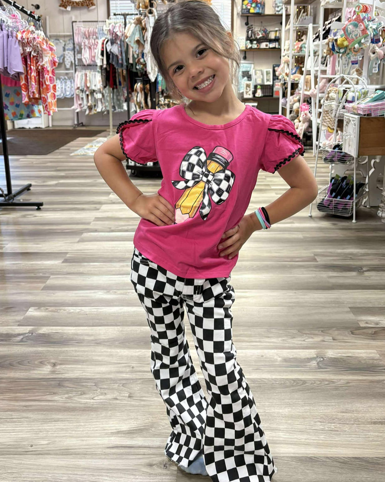 Back to School Pencil Top and Checkered Denim Flares Outfit Set A Touch of Magnolia Boutique