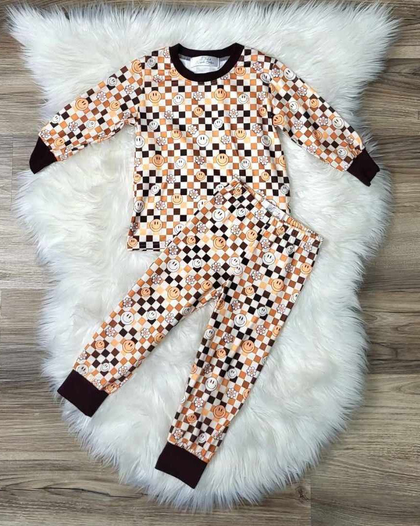 Brown Checkered Smiley Pajama Set  A Touch of Magnolia Boutique   