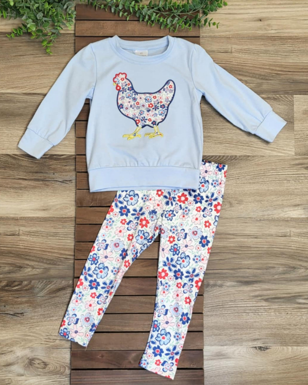 Girls Floral Fall Chicken Applique Top and Floral Legging Outfit Set A Touch of Magnolia Boutique