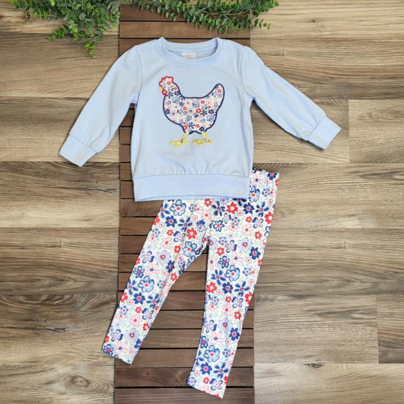Girls Floral Fall Chicken Applique Top and Floral Legging Outfit Set A Touch of Magnolia Boutique