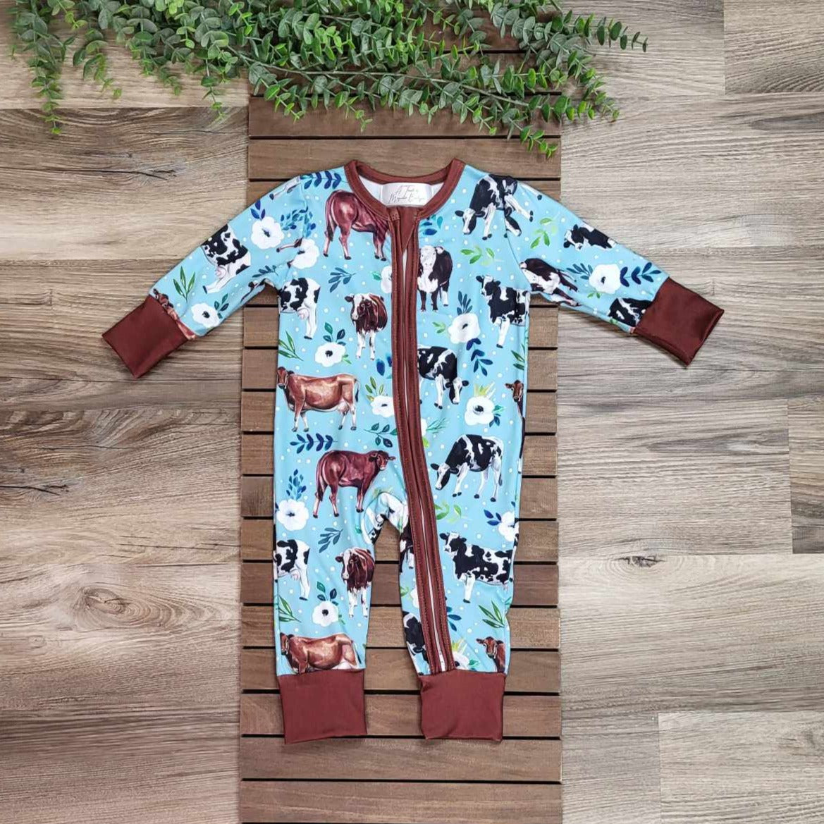 Baby Zipper Floral Cow Print Footless Sleeper/Romper A Touch of Magnolia Boutique