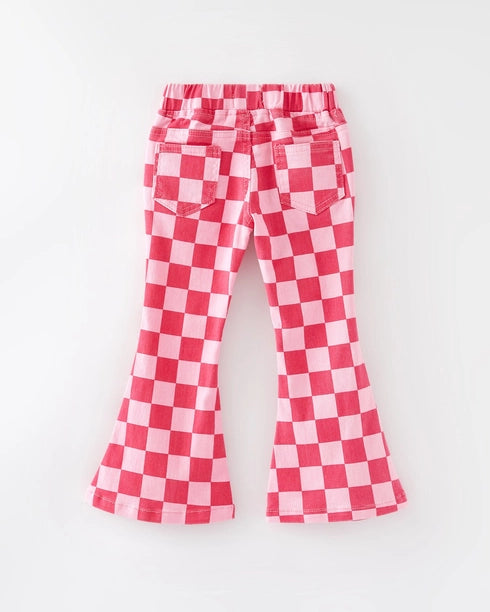 Pink Checkered Print Flared Jeans w/ Elastic Waistband A Touch of Magnolia Boutique