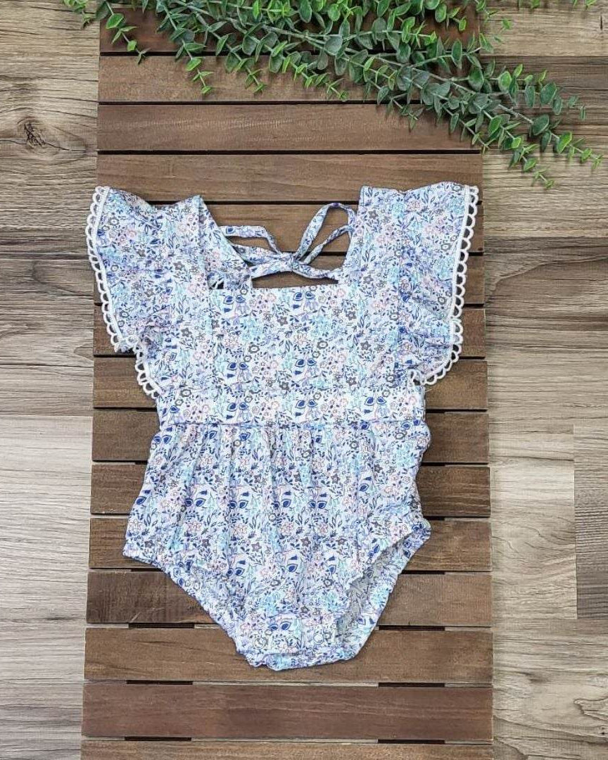 Ditsy Floral Blue Baby Girl Romper A Touch of Magnolia Boutique