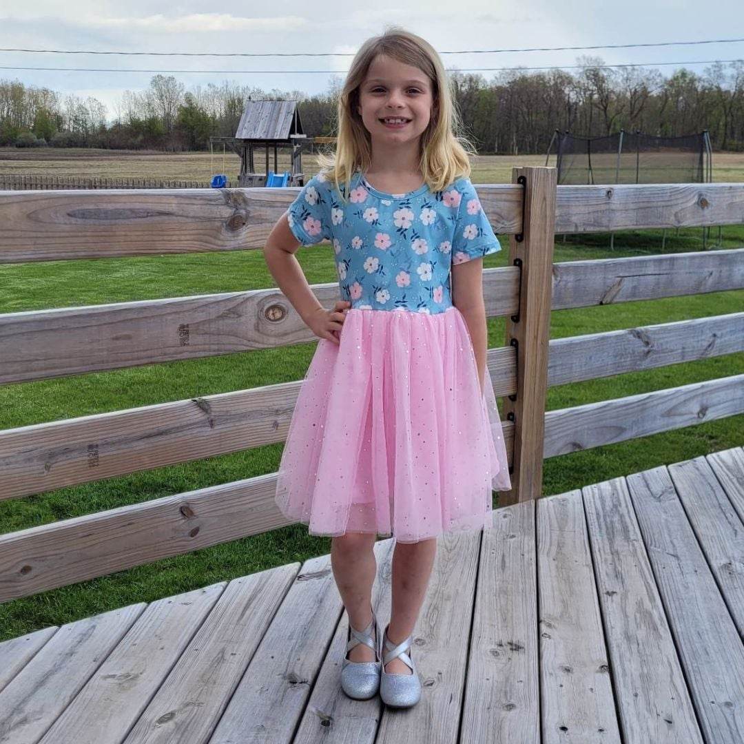 Dusty Blue Floral & Pink Tulle Dress A Touch of Magnolia Boutique