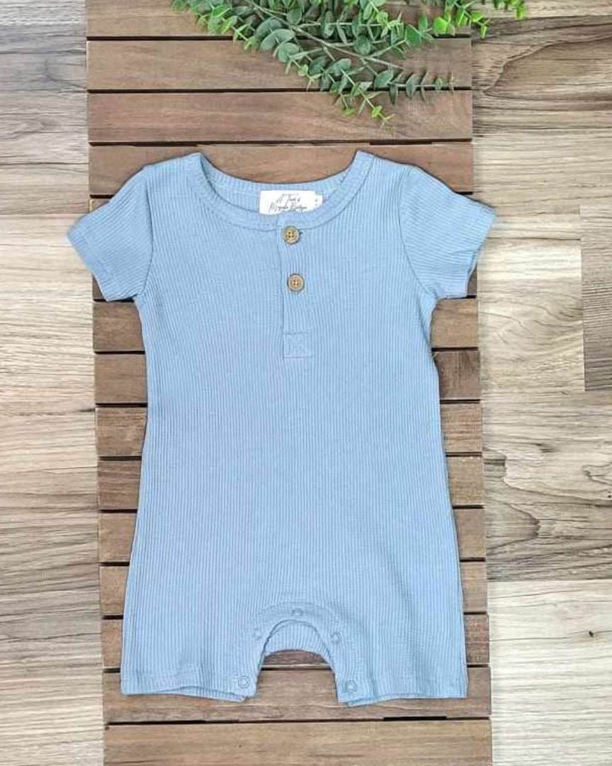 Baby Boy Dusty Blue Waffle Shorts Romper A Touch of Magnolia Boutique