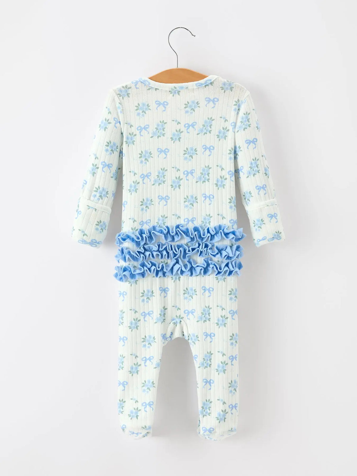 Baby Girl Blue Floral Bow Print Ruffle Zip Romper A Touch of Magnolia Boutique