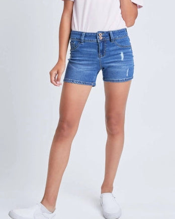 Girls 2-Button Regular Hem Shorts Ripped Medium Wash YMI Tween (7-14) A Touch of Magnolia Boutique