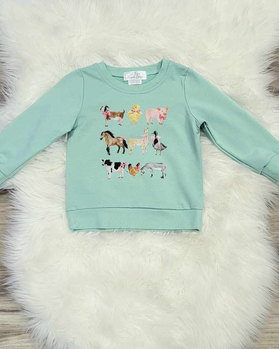 Green Farm Animals with Pink Bows Top A Touch of Magnolia Boutique