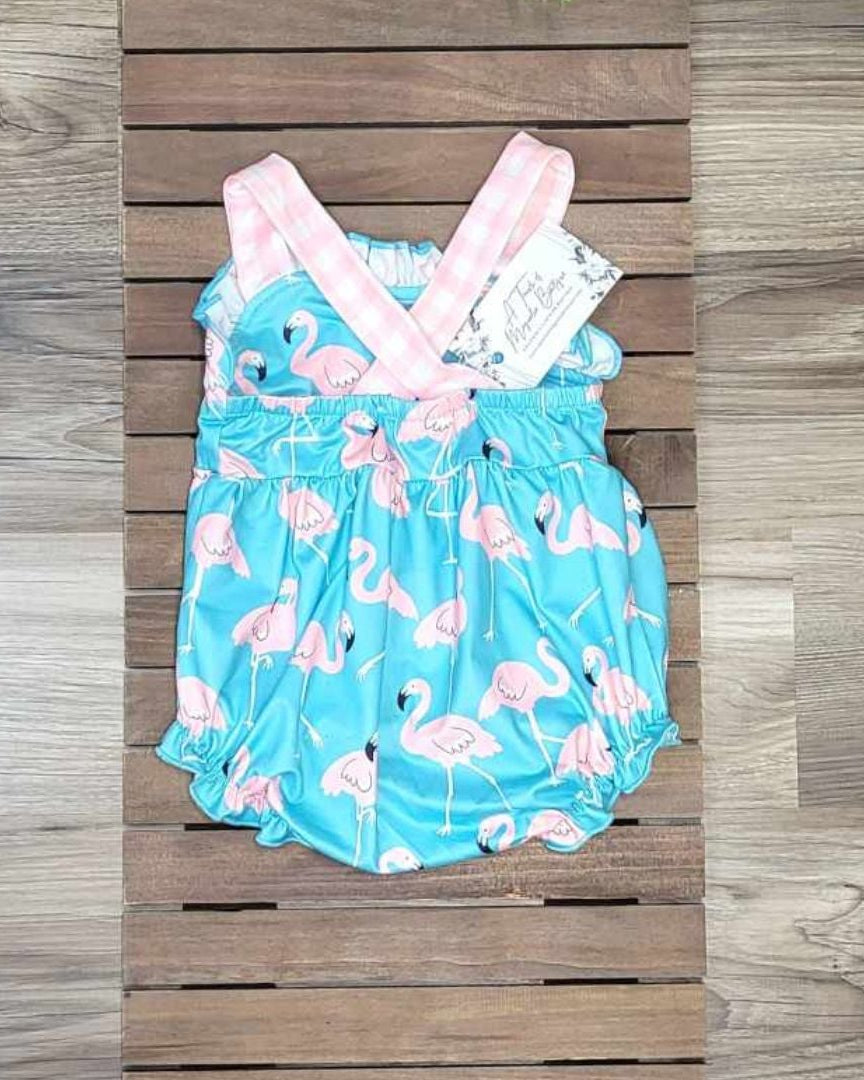 Baby Girl Flamingo with Pink Plaid Pocket Romper A Touch of Magnolia Boutique