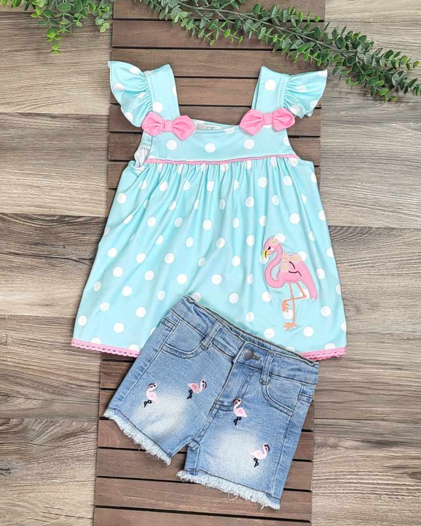 Flamingo Denim Shorts and Polka Dot Top Outfit Set A Touch of Magnolia Boutique