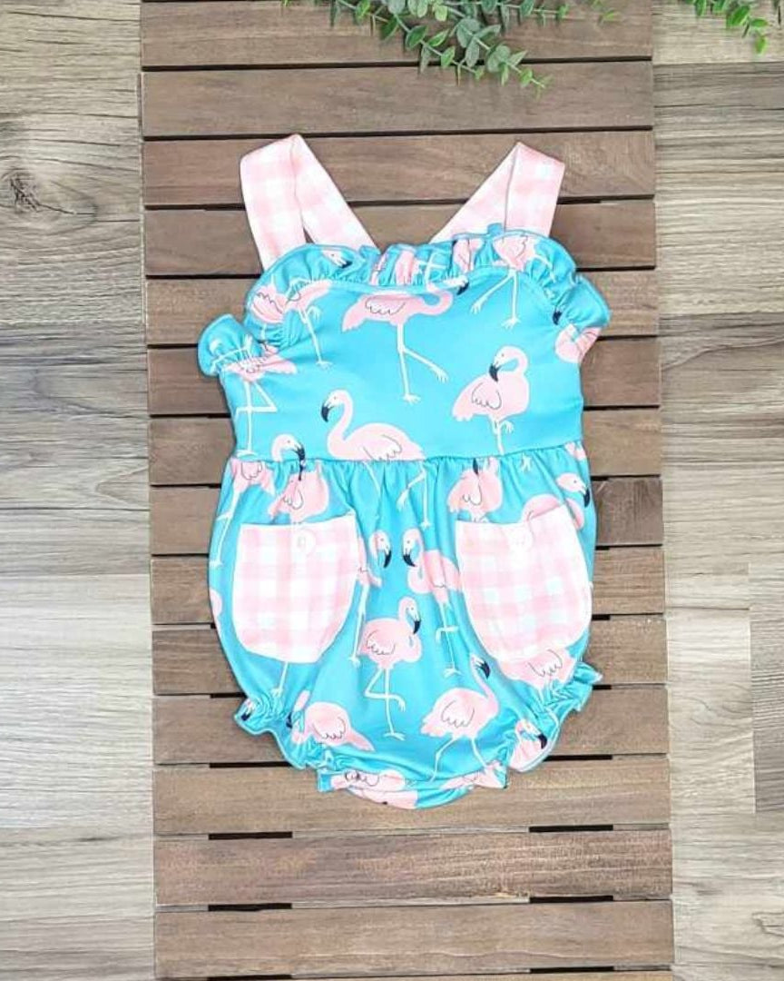 Baby Girl Flamingo with Pink Plaid Pocket Romper A Touch of Magnolia Boutique