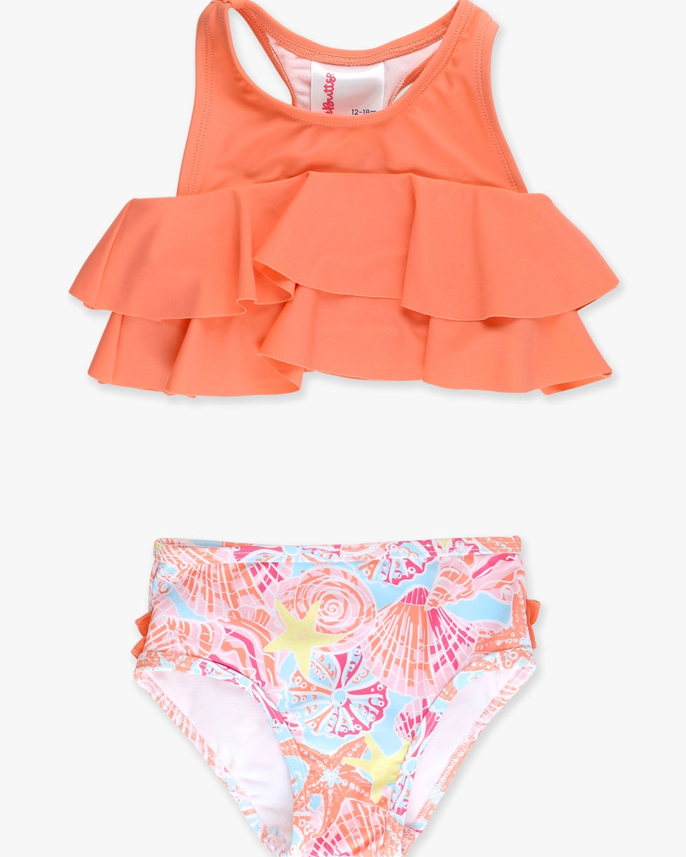 Girls Sunset Seashells Flounce Bikini 2-Piece Swimsuit with Signature Rear Ruffles A Touch of Magnolia Boutique