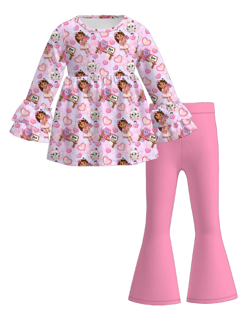Dollhouse Girl Valentine's Top and Pink Flare Pants Set A Touch of Magnolia Boutique