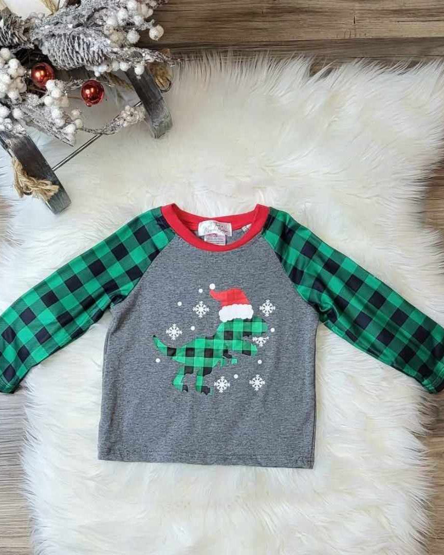 Santa Dinosaur Green and Black Plaid Top A Touch of Magnolia Boutique