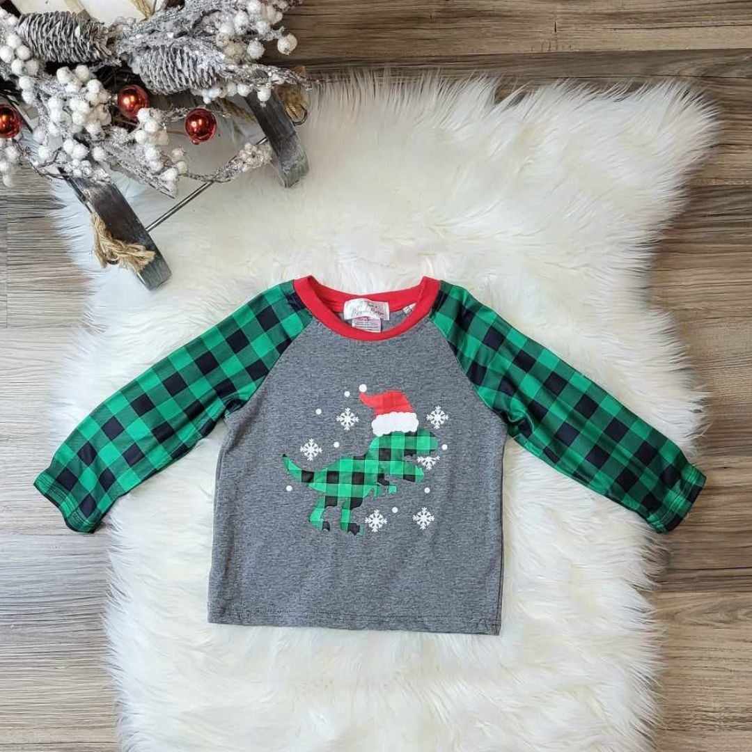 Santa Dinosaur Green and Black Plaid Top A Touch of Magnolia Boutique