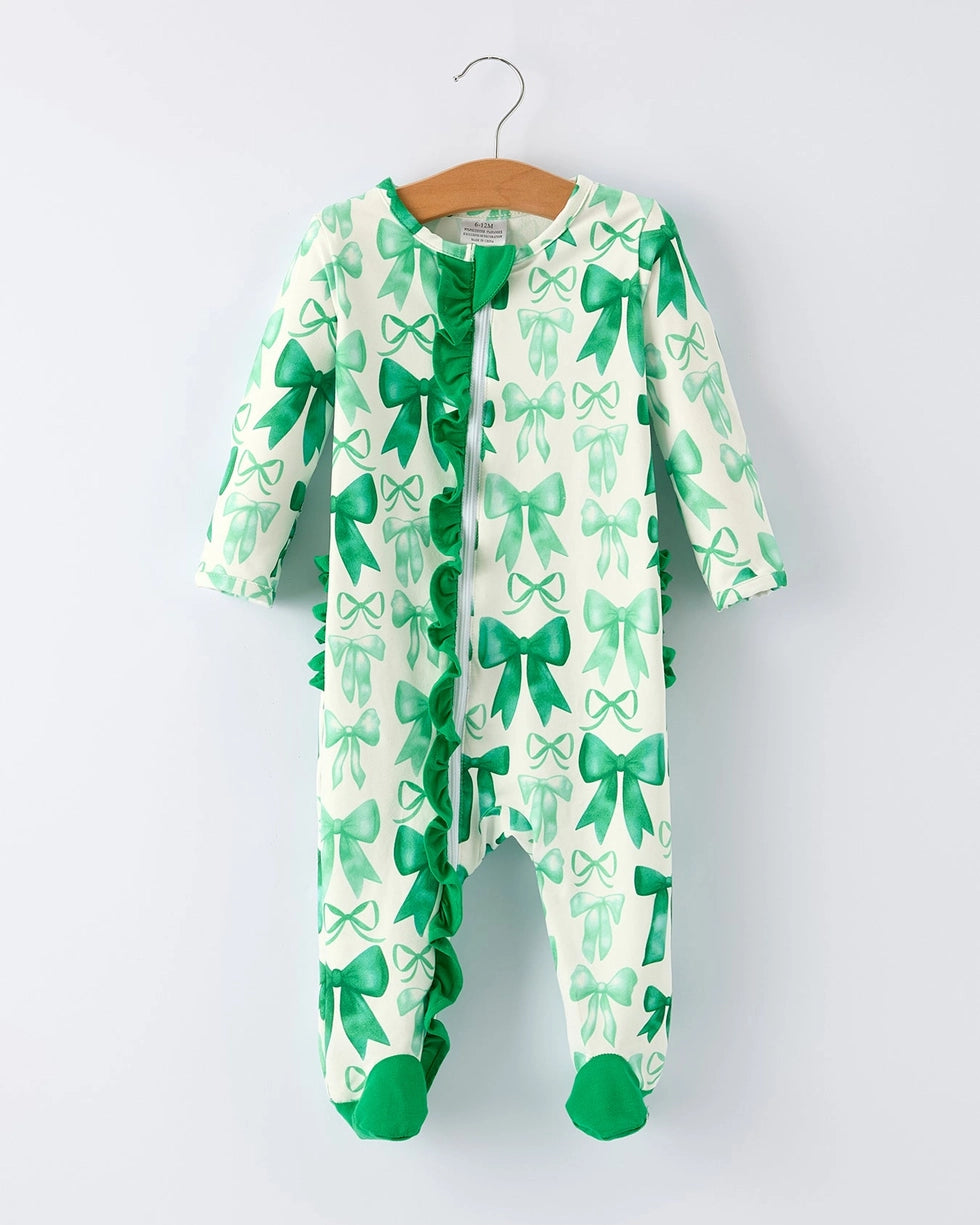 Green Bow Ruffle Baby Girl Romper A Touch of Magnolia Boutique