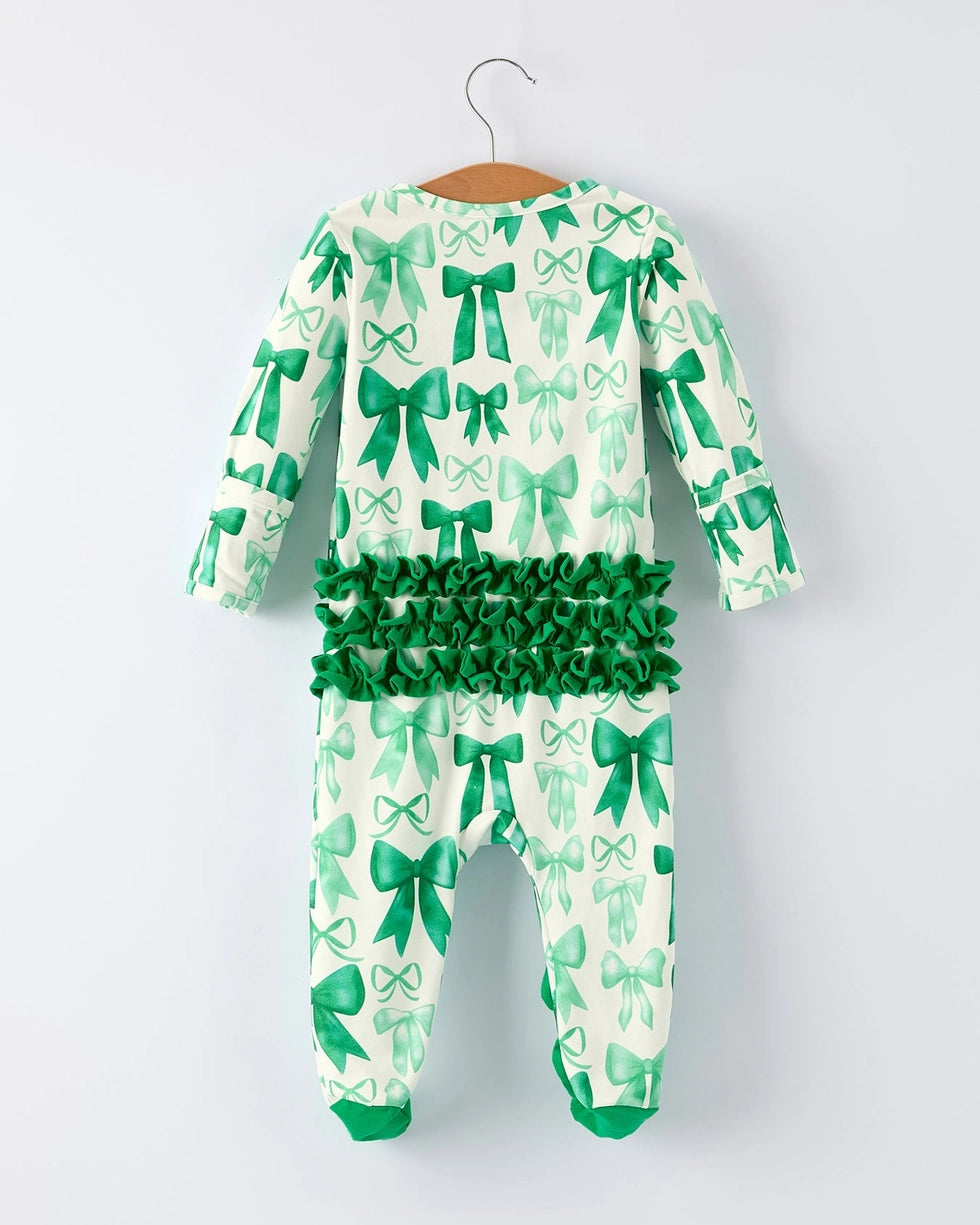 Green Bow Ruffle Baby Girl Romper A Touch of Magnolia Boutique