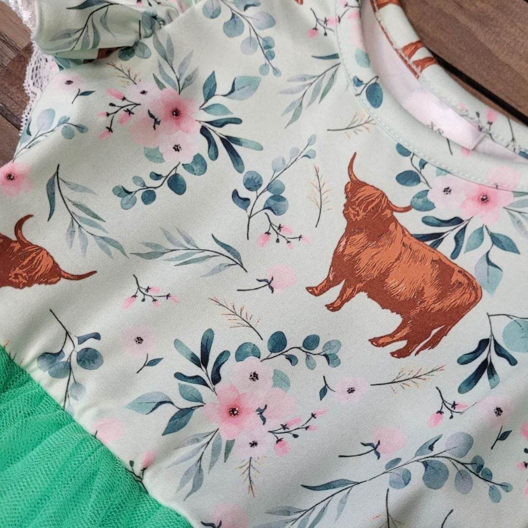Neon Green Highland Cow Tulle Dress A Touch of Magnolia Boutique