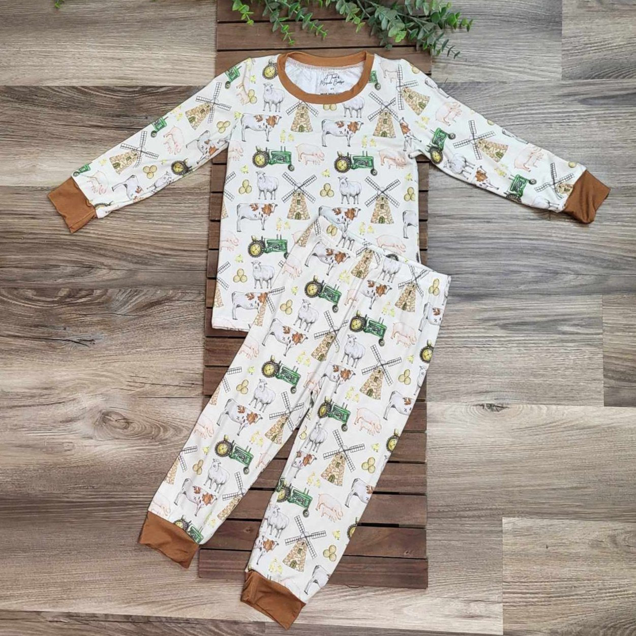 Bamboo Two-Piece Pajama Set- Green Tractor and Farm Animal Print A Touch of Magnolia Boutique