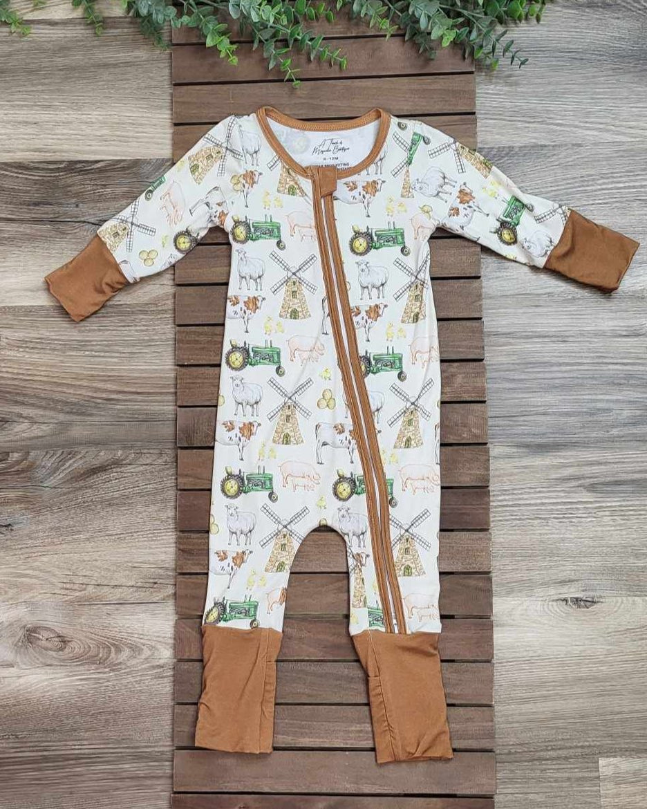 Bamboo Baby Zippie Romper/Sleeper- Green Tractors, Windmills & Farm Animals A Touch of Magnolia Boutique