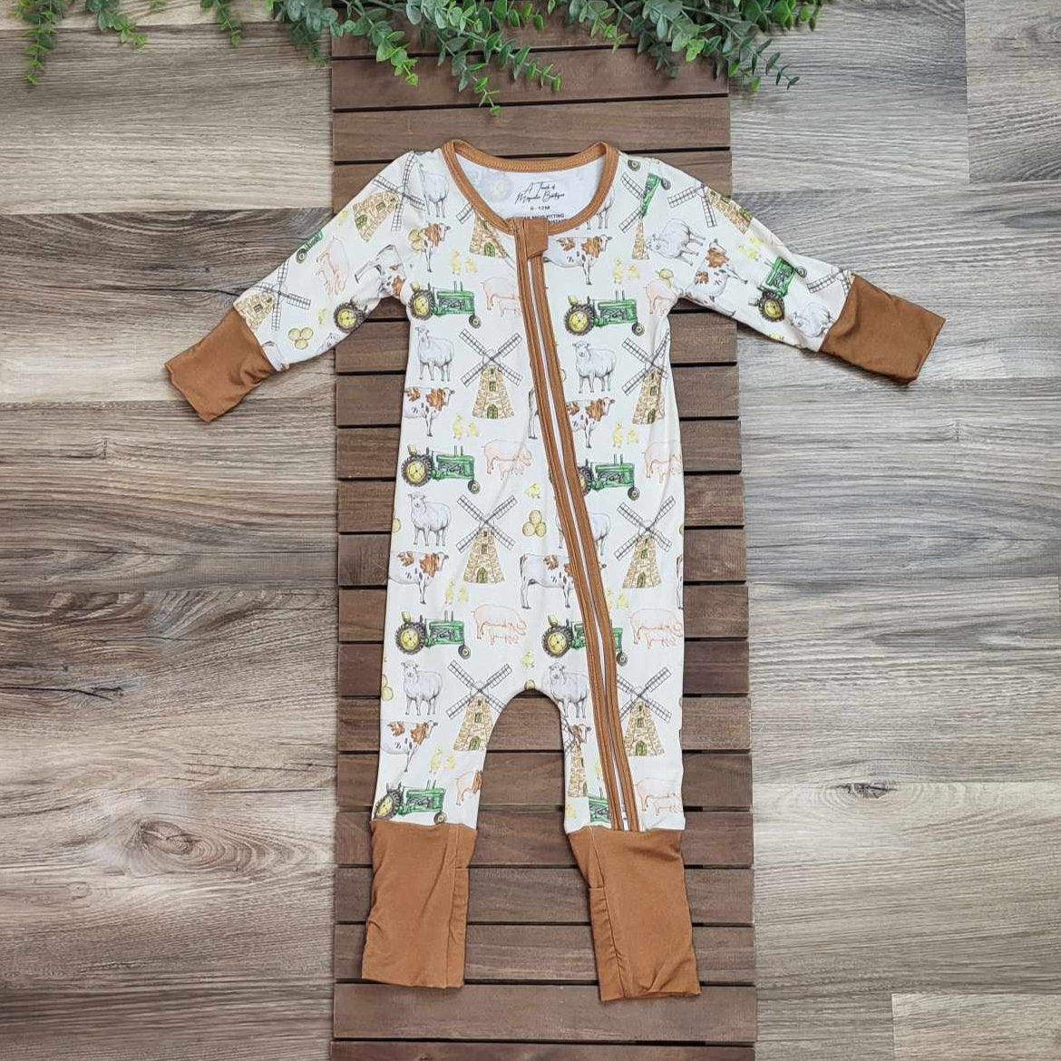 Bamboo Baby Zippie Romper/Sleeper- Green Tractors, Windmills & Farm Animals A Touch of Magnolia Boutique