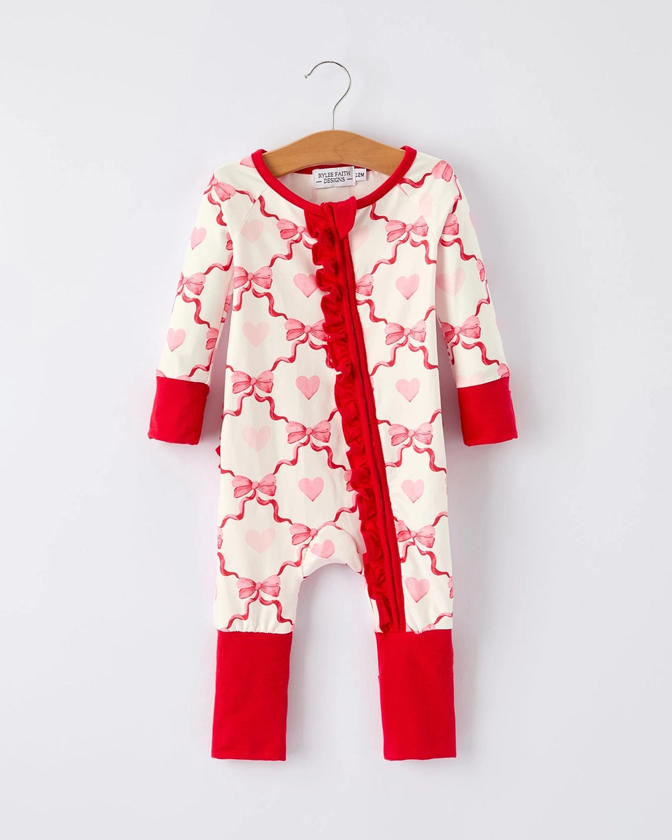 Baby Girl Bow and Hearts Romper with Ruffle Back A Touch of Magnolia Boutique
