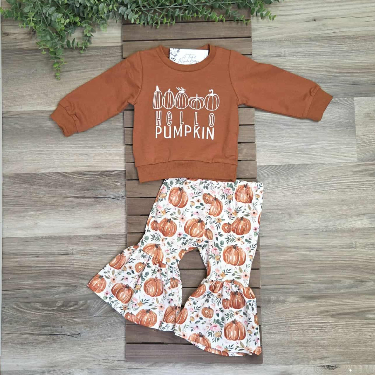 Hello Pumpkin Top and Pumpkin Print Bell Bottoms-Baby and Toddler Girls A Touch of Magnolia Boutique