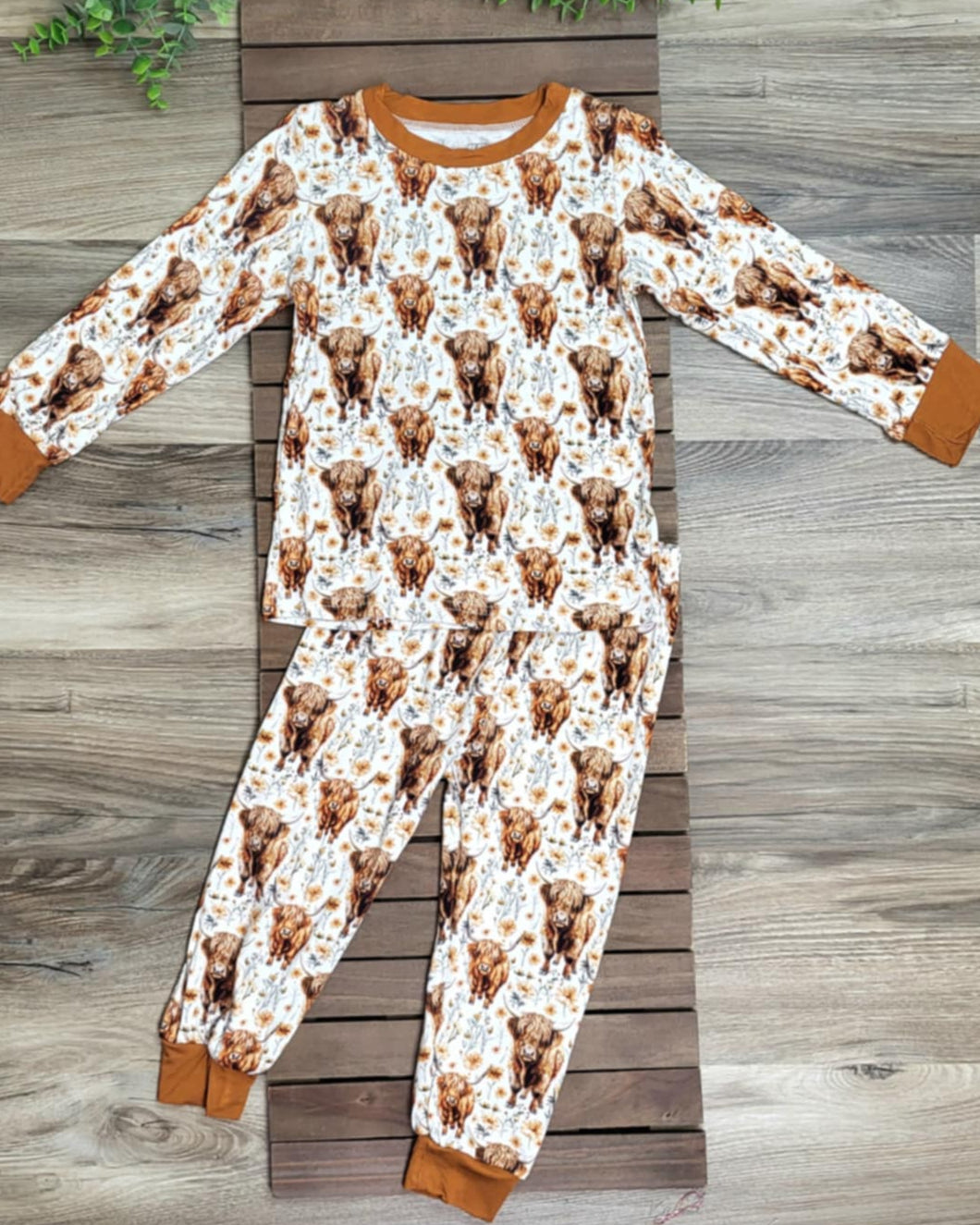 Bamboo Floral Highland Cow Print Two-Piece Pajama Set A Touch of Magnolia Boutique