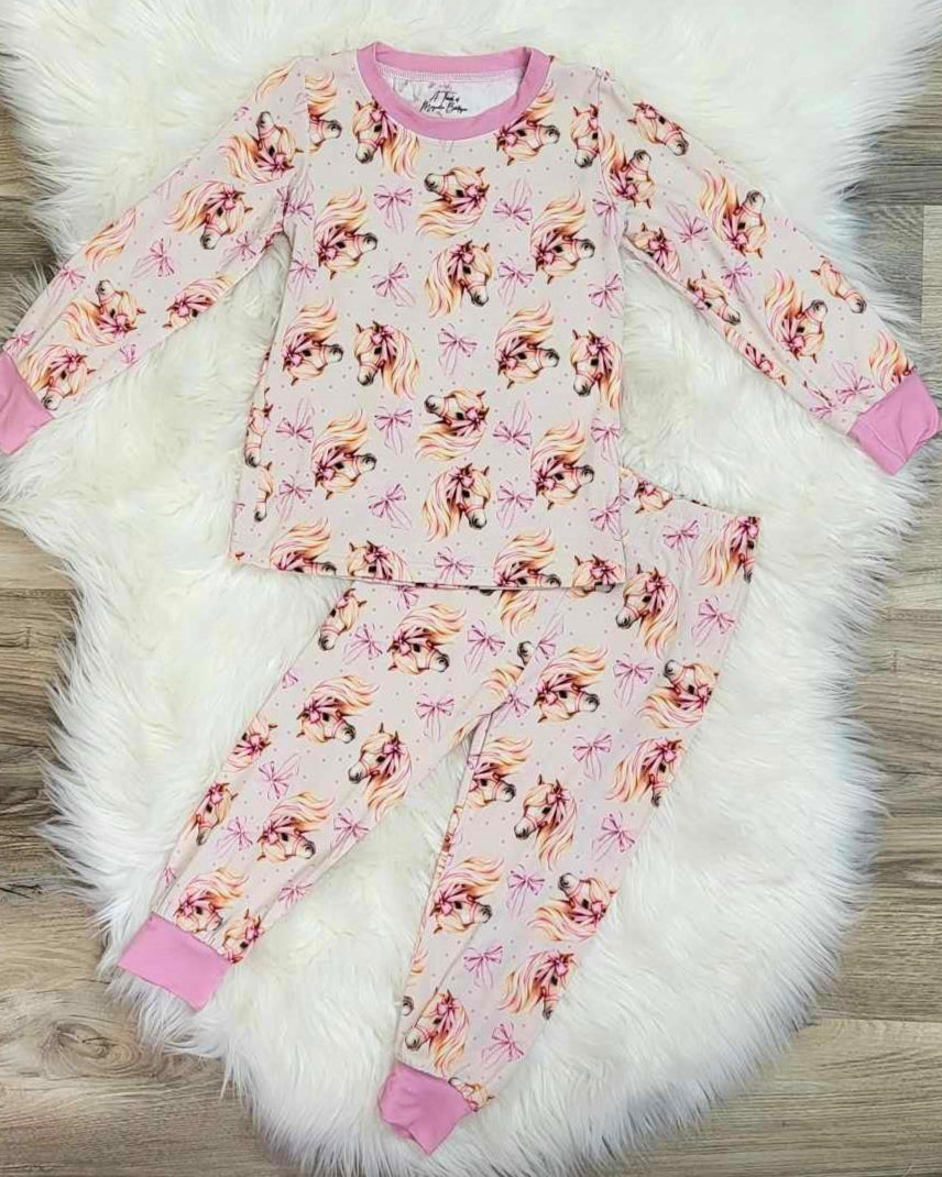 Bamboo Two-Piece Pajama Set-Horse with Bows Print A Touch of Magnolia Boutique