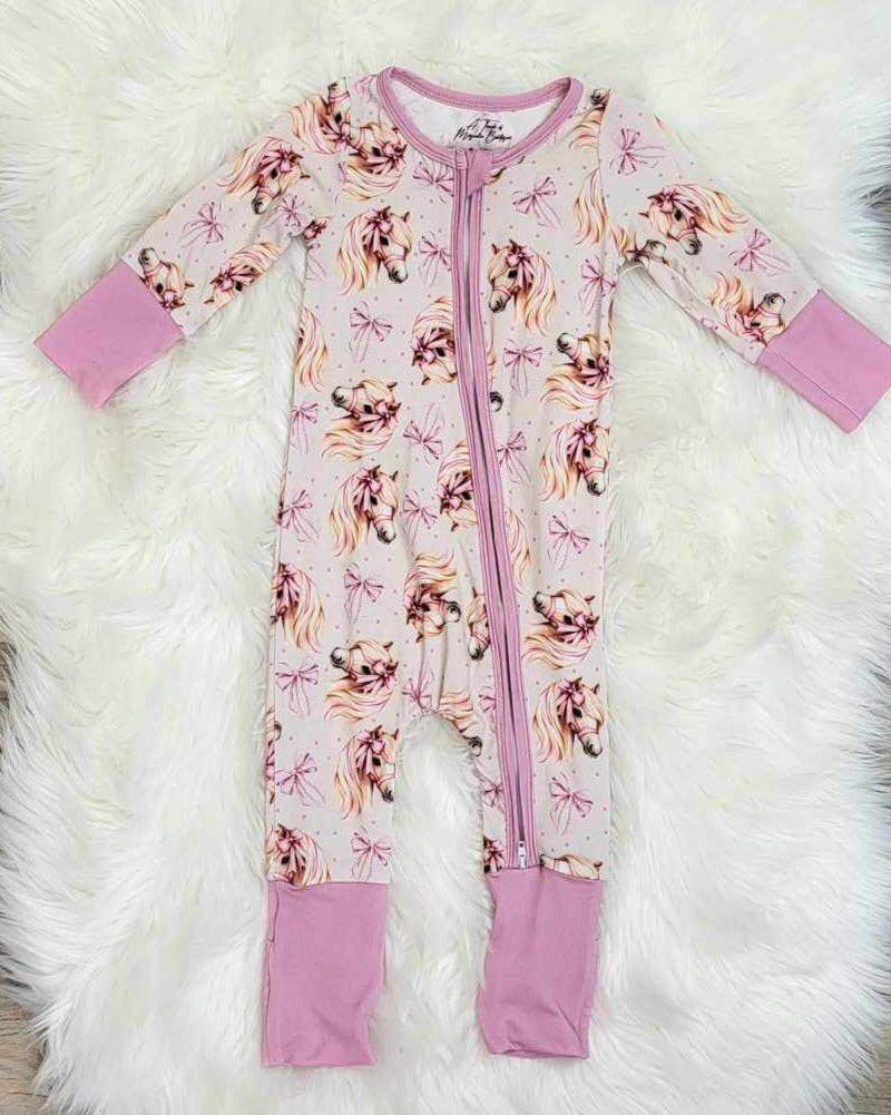 Bamboo Baby Zippie Sleeper/Romper- Horse with Bows Print A Touch of Magnolia Boutique