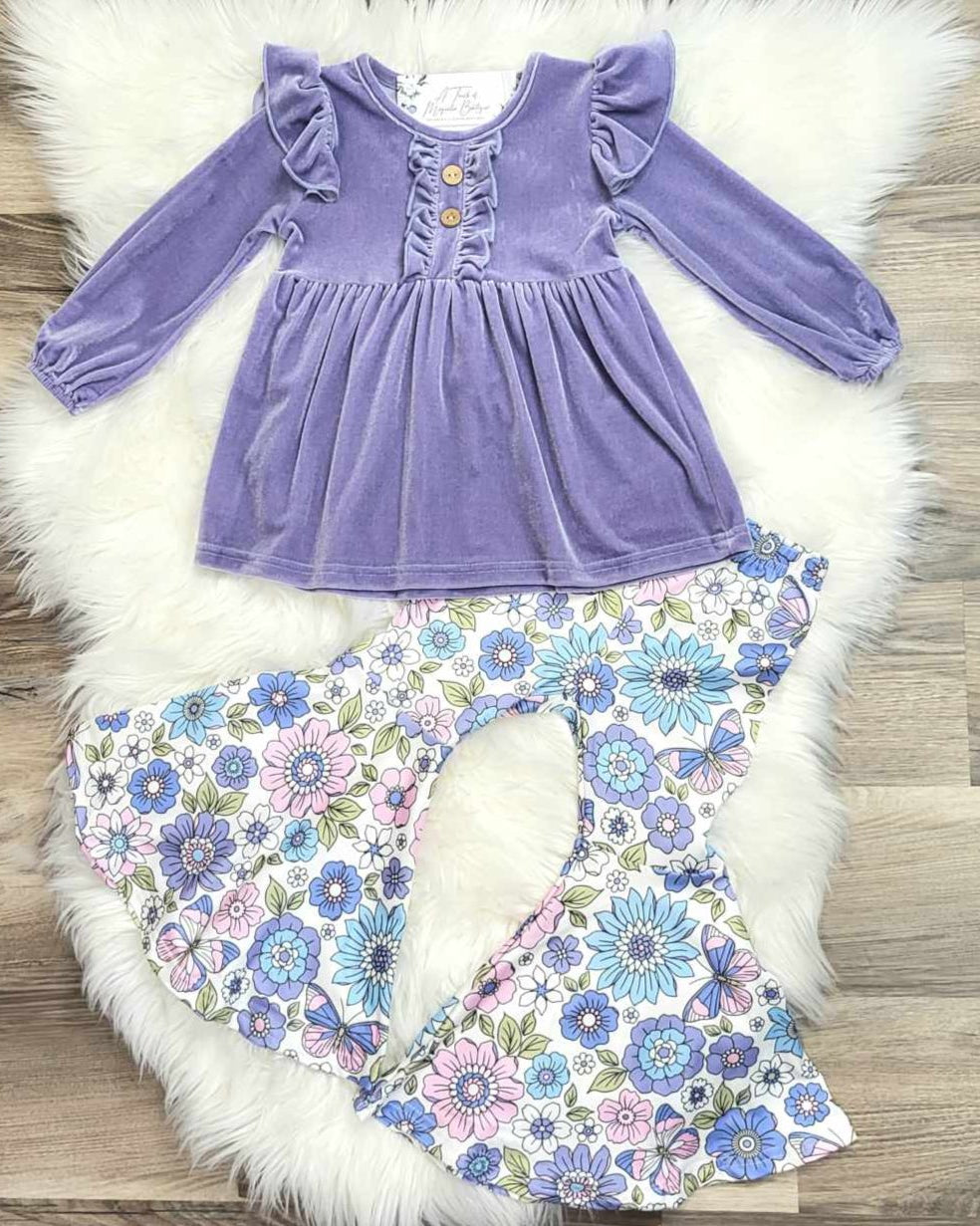 Velvet Purple Top and Floral Bell Outfit Set A Touch of Magnolia Boutique