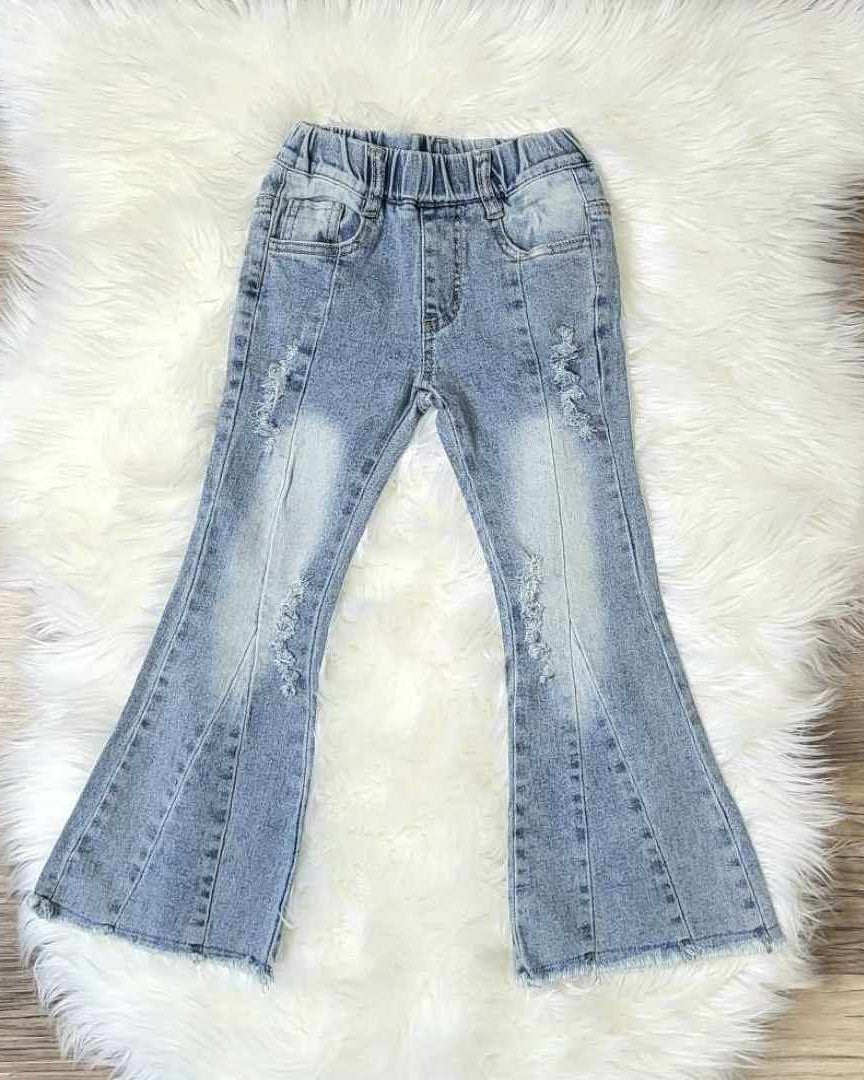 Light Wash Flare Denim Jeans with Raw Hemline A Touch of Magnolia Boutique