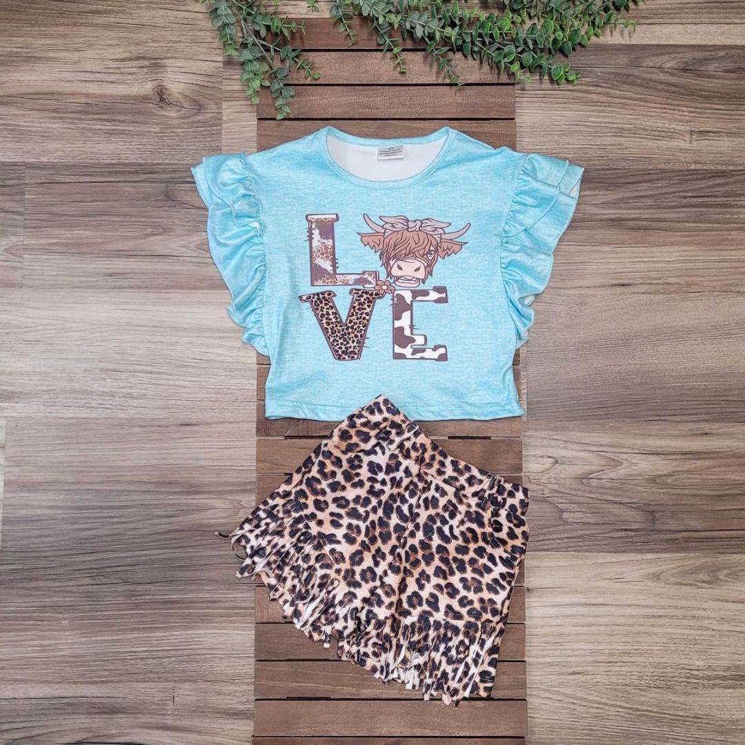 Love Highland Cow Ruffle Top and Fringe Cheetah Print Shorts Outfit A Touch of Magnolia Boutique