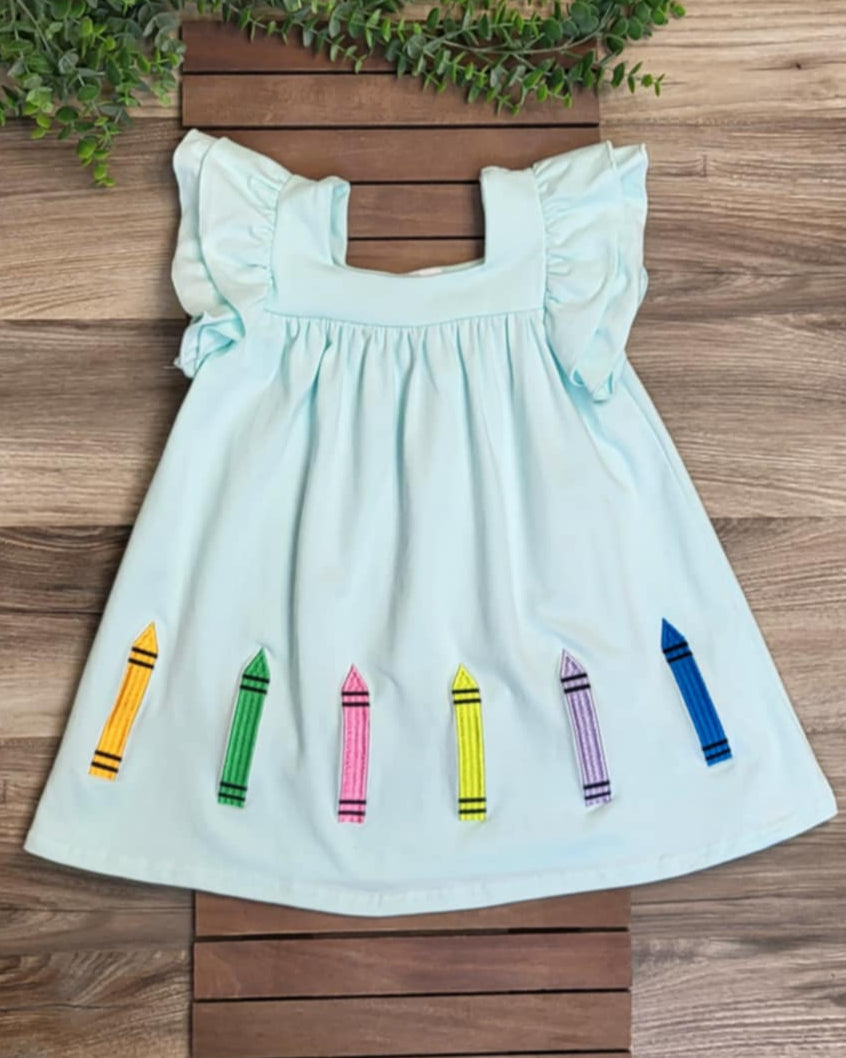 Back to School Mint Dress with Embroidered Crayons A Touch of Magnolia Boutique