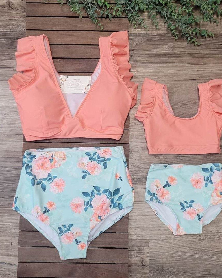Mom & Me Coral & Mint Floral High Waisted 2 piece Swimsuit-Kids  A Touch of Magnolia Boutique   