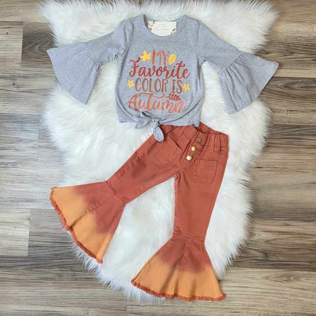 My Favorite Color Is Autumn Front Tie Top and Rust Ombre Bell Bottom Jeans A Touch of Magnolia Boutique
