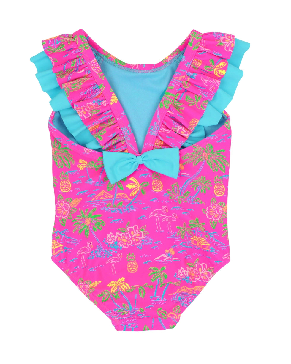 Girls Neon Island Time Bow V-Back One Piece Swimsuit A Touch of Magnolia Boutique