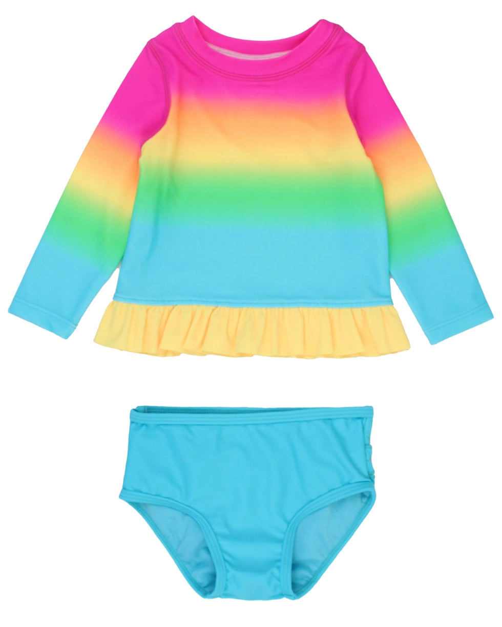 Girls Neon Sunset Long Sleeve Rash Guard 2-Piece Swimsuit with Signature Rear Ruffles A Touch of Magnolia Boutique