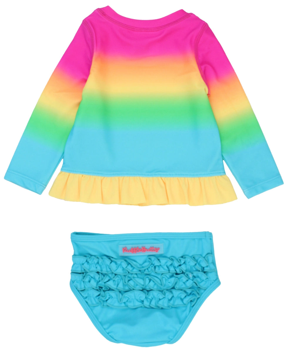 Girls Neon Sunset Long Sleeve Rash Guard 2-Piece Swimsuit with Signature Rear Ruffles A Touch of Magnolia Boutique