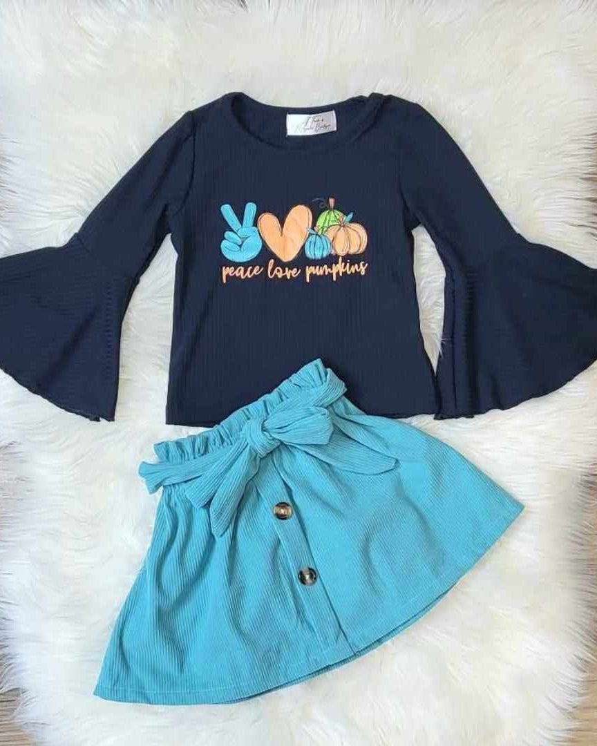 Blue Ribbed Peace, Love, Pumpkins Top and Corduroy Skirt Set A Touch of Magnolia Boutique