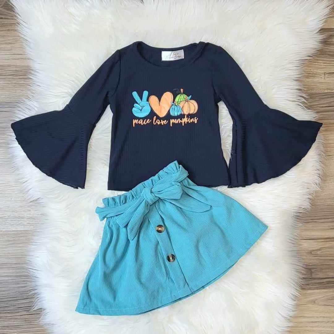 Blue Ribbed Peace, Love, Pumpkins Top and Corduroy Skirt Set A Touch of Magnolia Boutique
