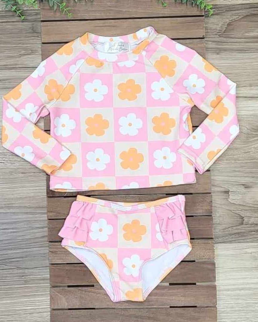 Pink and Orange Check Coral Rash Guard 2 piece Swimsuit A Touch of Magnolia Boutique
