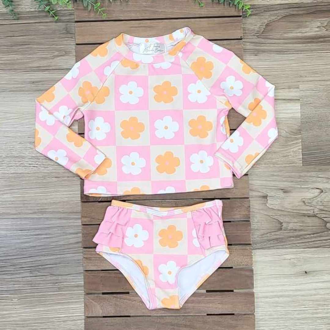 Pink and Orange Check Coral Rash Guard 2 piece Swimsuit A Touch of Magnolia Boutique