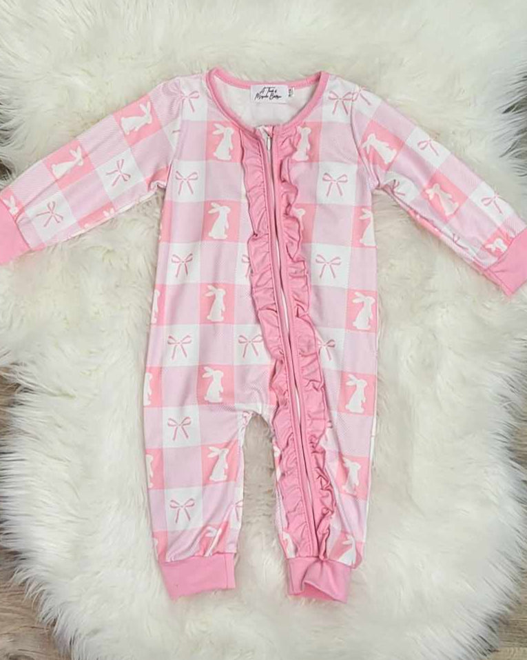 Baby Girl Pink Bow Bunny Print Checkered Ruffled Zippie Footless Romper A Touch of Magnolia Boutique