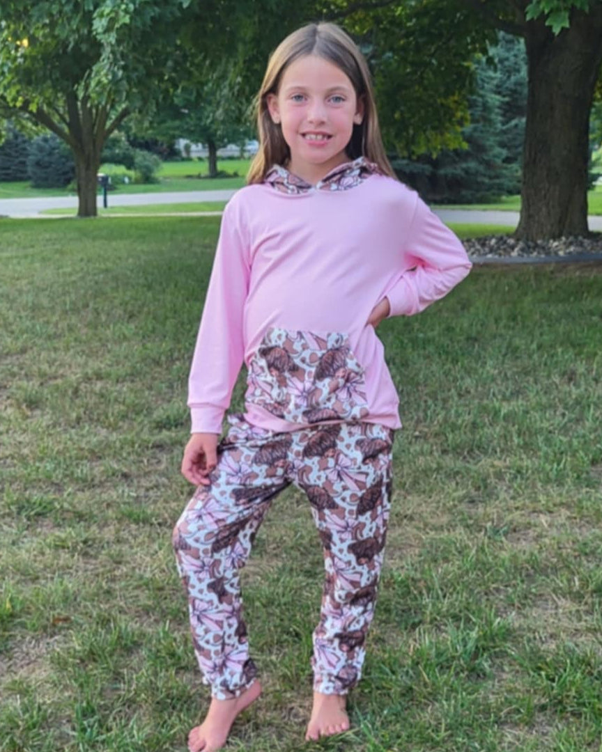 Pink Bow Highland Cow Hooded Top and Joggers Outfit Set A Touch of Magnolia Boutique