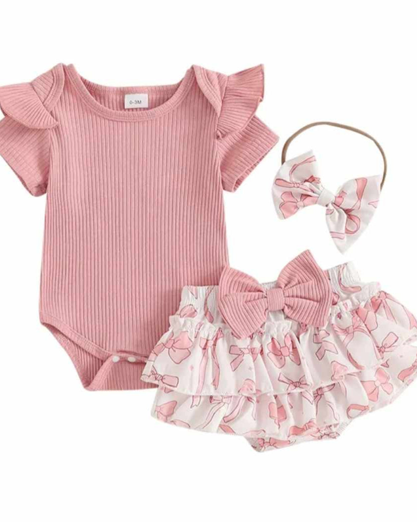Baby Girl Pink Ribbed Onesie and Bow Print Skort Set A Touch of Magnolia Boutique