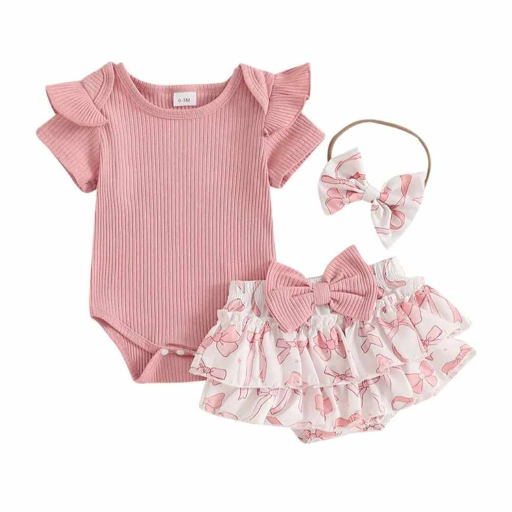 Baby Girl Pink Ribbed Onesie and Bow Print Skort Set A Touch of Magnolia Boutique