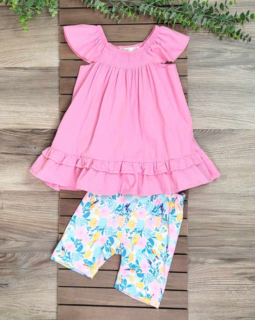 Pink Ruffle Top and Summer Floral Shorts Outfit Set A Touch of Magnolia Boutique
