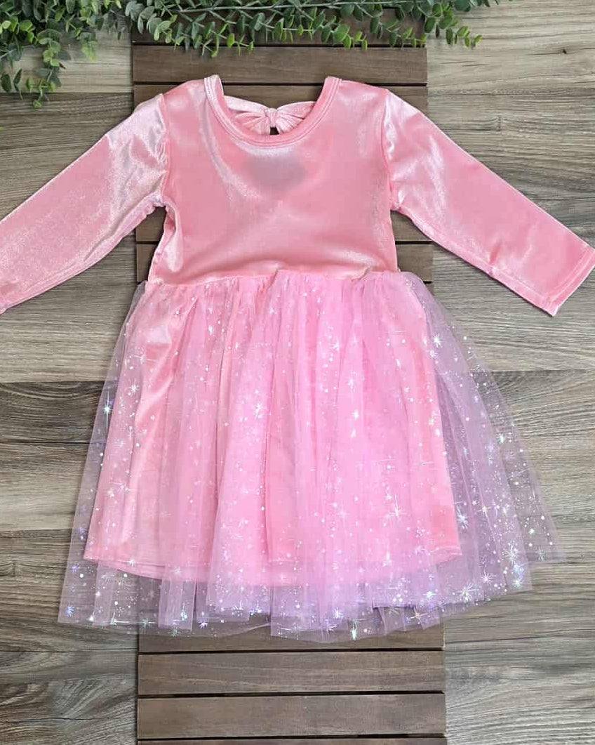 Pink Velvet Bow-Back Dress with Tulle Overlay A Touch of Magnolia Boutique