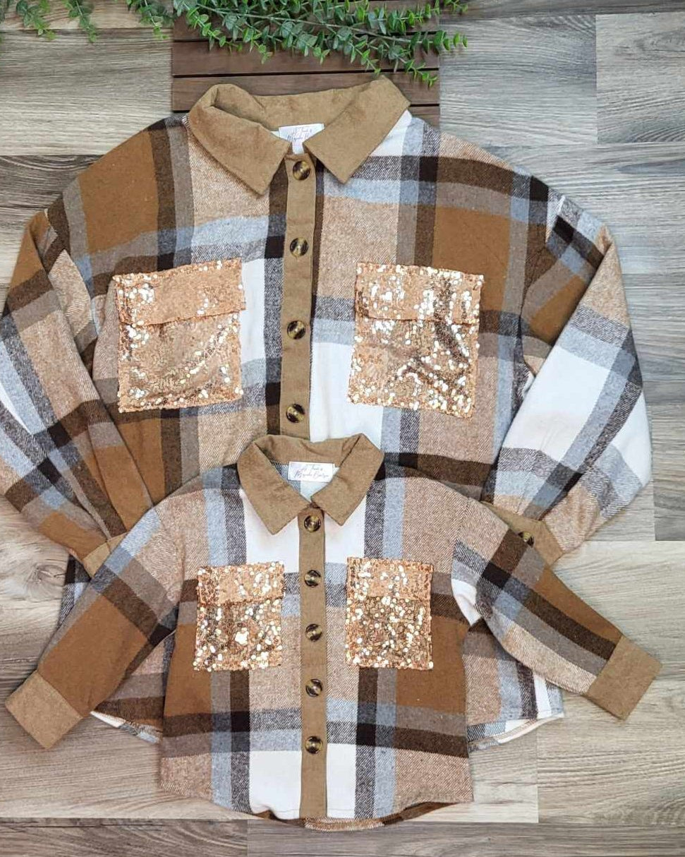 Mom & Me Brown Plaid Shacket with Sequin Pockets-Kids A Touch of Magnolia Boutique